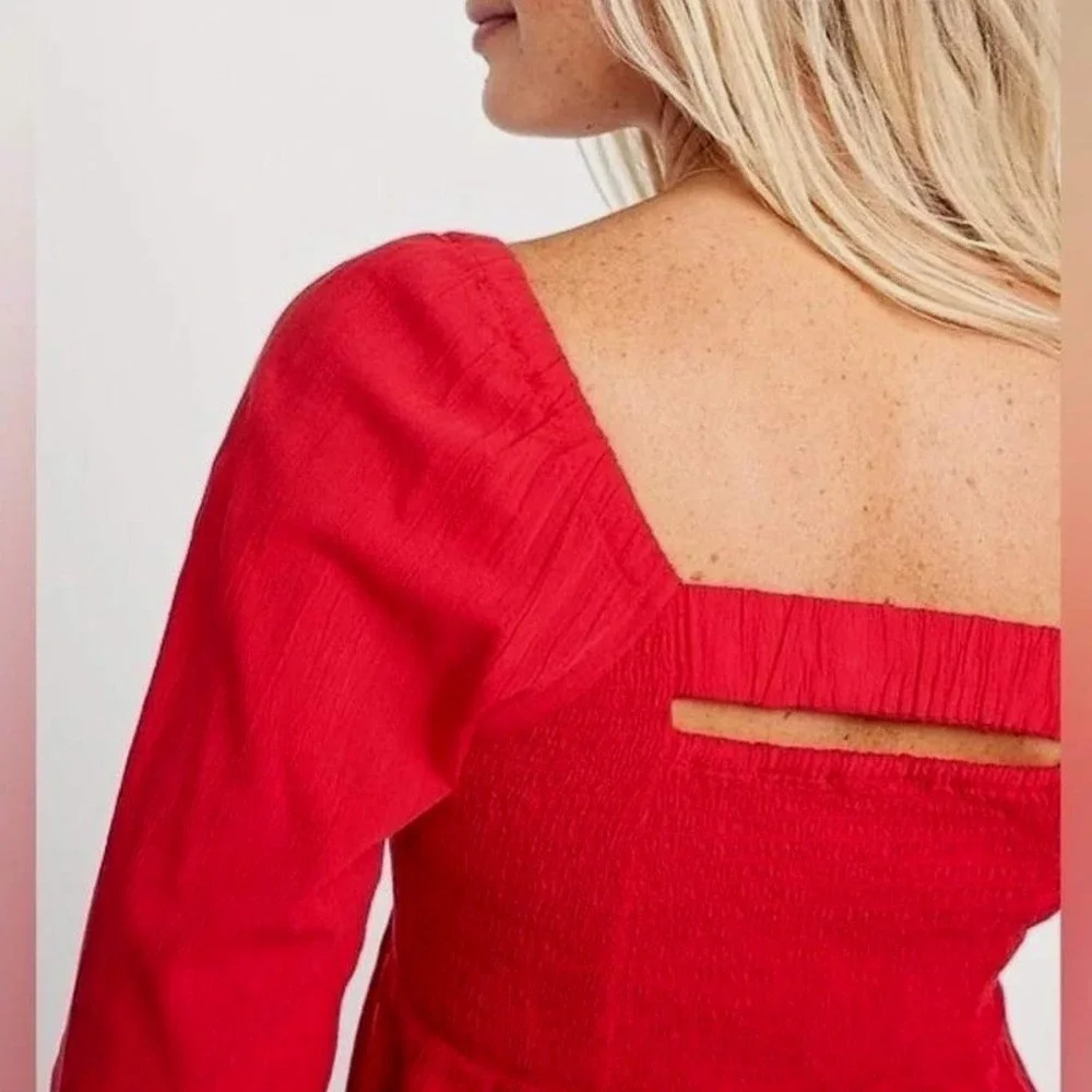 Old Navy Smocked Crepe Top Sz XL Long Puff Sleeve Red Square Neck